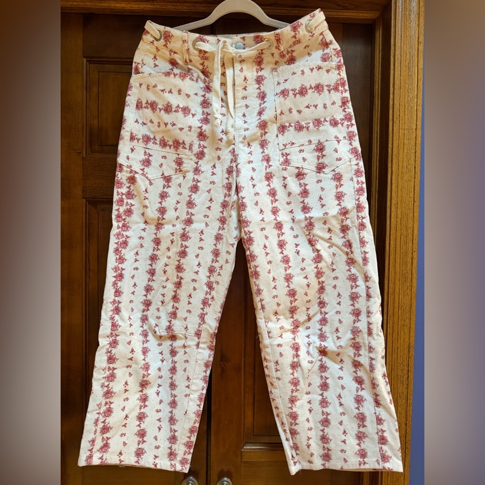 NWOT Corduroy Floral Stripe Barrel Pants, Size Medium